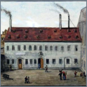 Blick von der Zwingerstraße, Mühlgrabenverlauf hinter der Mühle, vor 1874