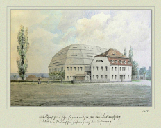 Bildtext: „Die Schaffhirtsche Papiermühle vor dem Falkenschlag. Blick vom Plauenschen Fußweg nach dem Rosenweg“,1857, (hier stadtauswärts Richtung Freiberger Straße), Aquarell Canzler – Chronik, Museen der Stadt Dresden, Städtische Galerie Dresden