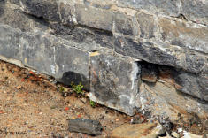 rechte Ufermauer im Sohlebereich, oberer Mauerverband durch Erddruck nach innen versetzt, Sicherungsmaßnahme durch Vorsetzen von Sandsteinplatten im Sockelbereich 